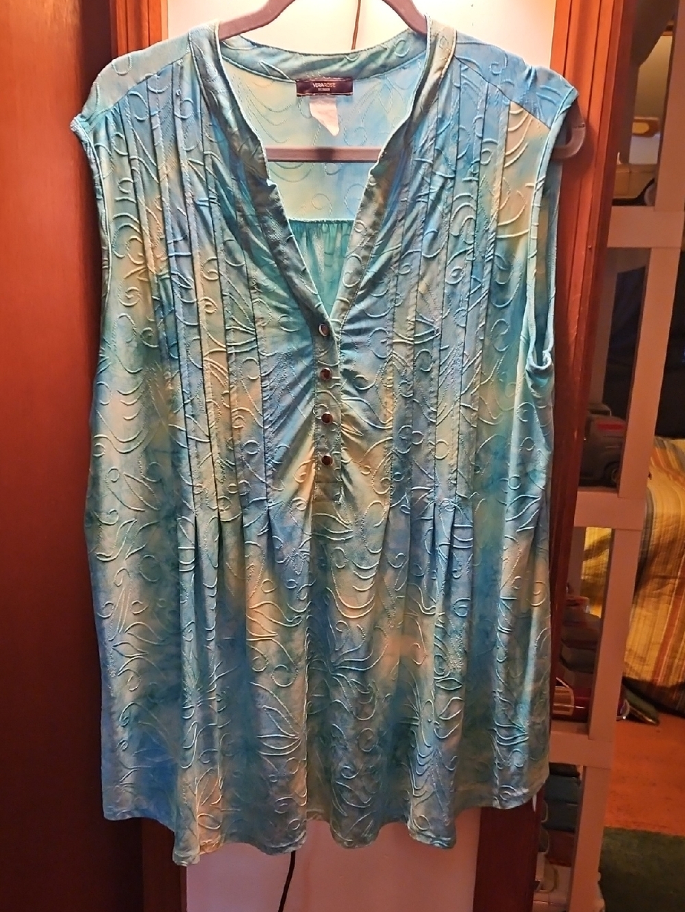 Sleeveless Teal Tie-Dye Pintuck Tunic with Button Placket